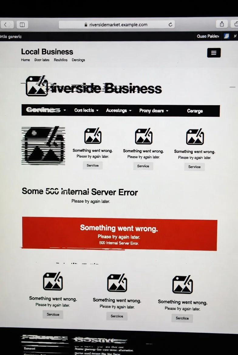 A webpage showing a server error message. The page title is 'Local Business,' and several icons indicate that something went wrong, with the message 'Something went wrong. Please try again later.' This message appears multiple times along with a red banner stating 'Something went wrong. Please try again later. 500 Internal Server Error.'