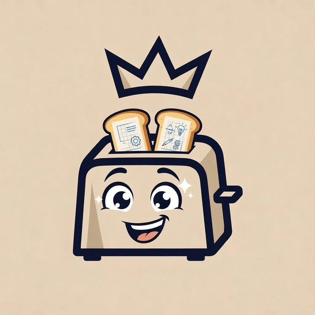 Cartoon of a toaster with a smiling face and big eyes, two slices of toast with sketches of technical plans inside, a crown above, on a beige background.