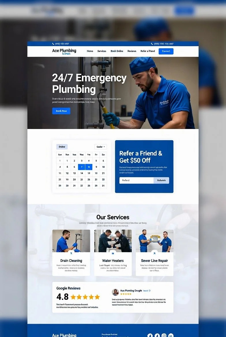 A plumber working on a pipe, wearing a blue uniform and cap, on a plumbing service website homepage.