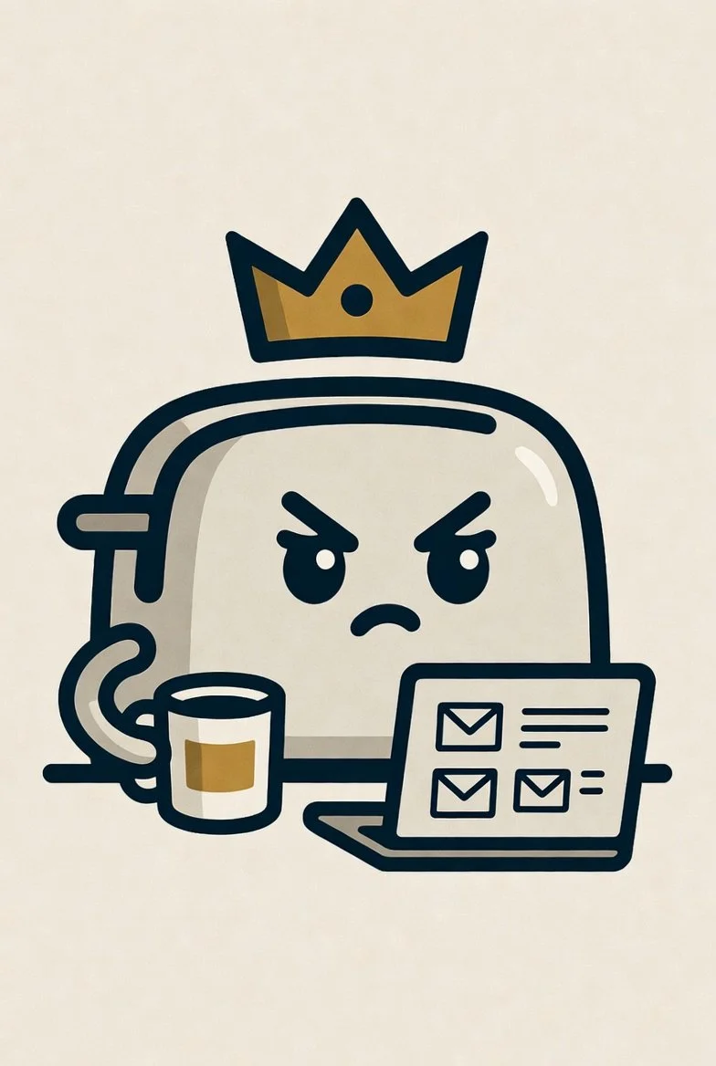 A cartoon character with a serious or angry expression, wearing a crown, holding a coffee mug, and working on a laptop.