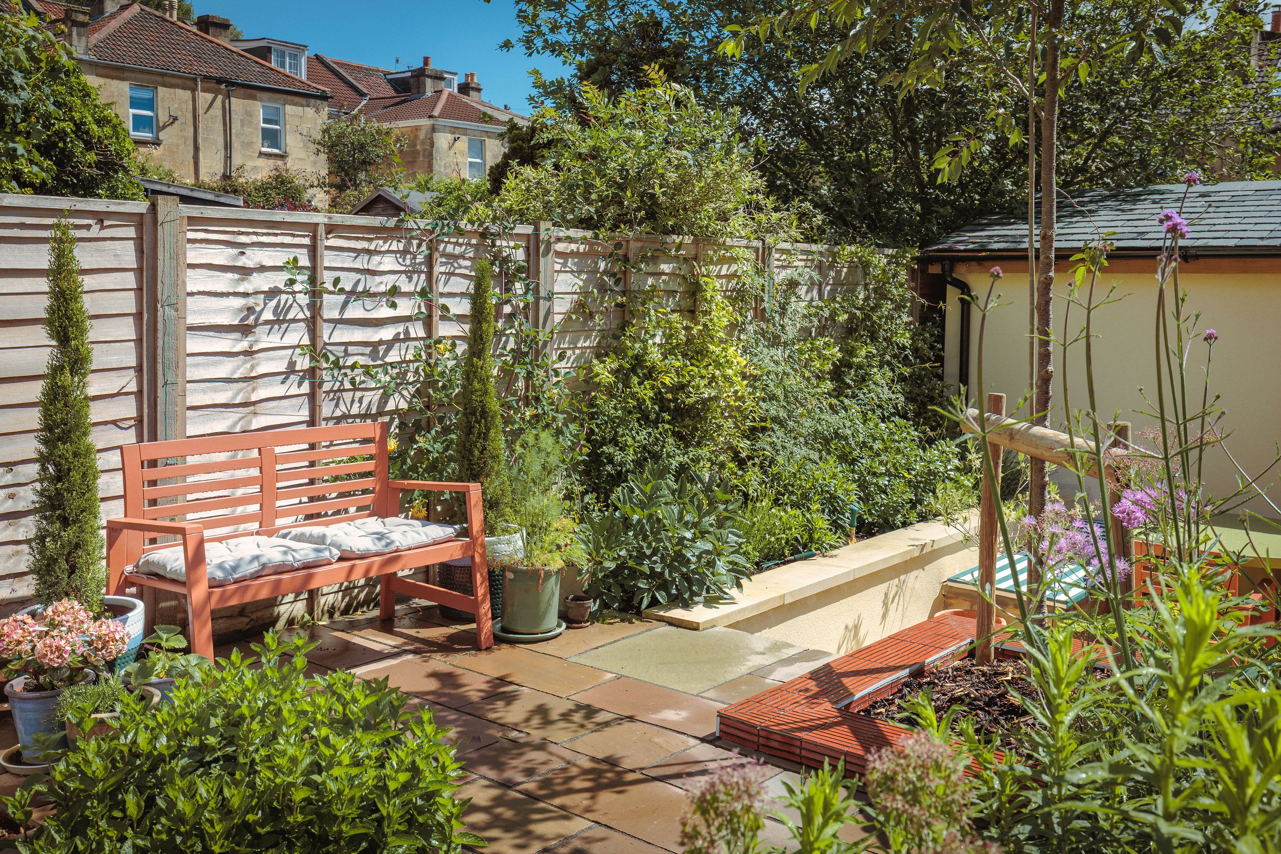 A lush backyard garden with a wooden bench, potted plants, and flowering bushes, enclosed by a wooden fence and surrounded by trees and neighboring houses under a bright blue sky.