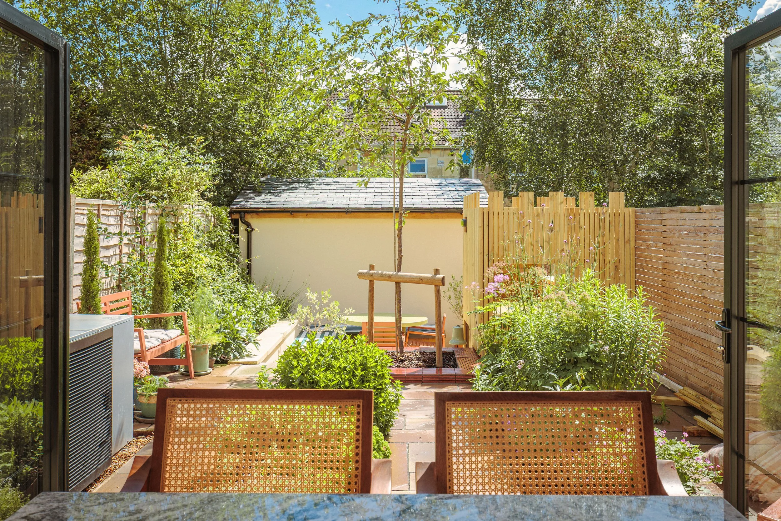 View to the garden including the air source heat pump 