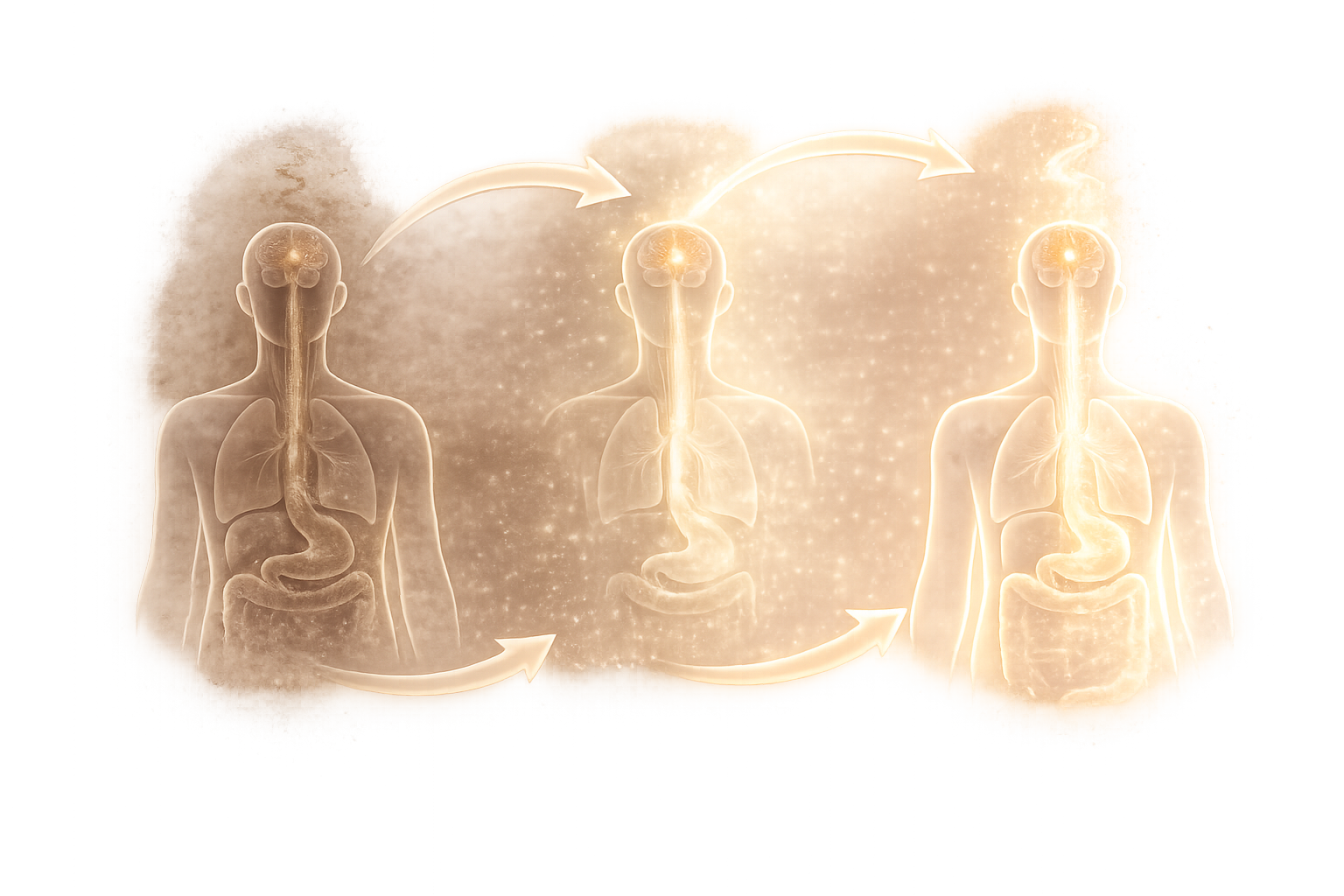 A digital illustration showing three human bodies with highlighted digestive systems, depicting the process of digestion from ingestion to waste elimination, with arrows indicating the flow direction.