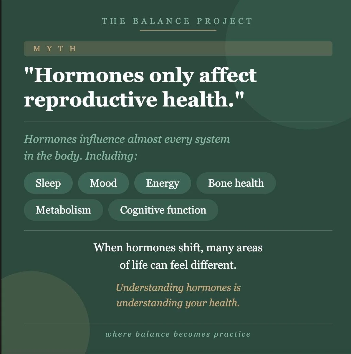 When we hear the word "hormones," most people think about fertility.

But hormones influence far more than that, from how you sleep and think, to how you feel, move and show up each day.

The more we understand our hormones, the more empowe