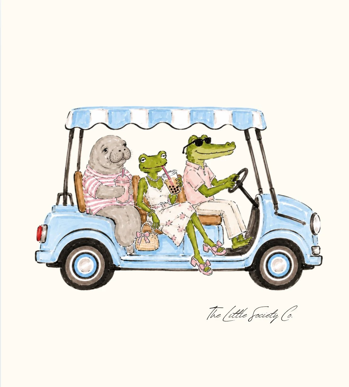 Blue Golf cart with Club members , green alligator, green frog , and manatee