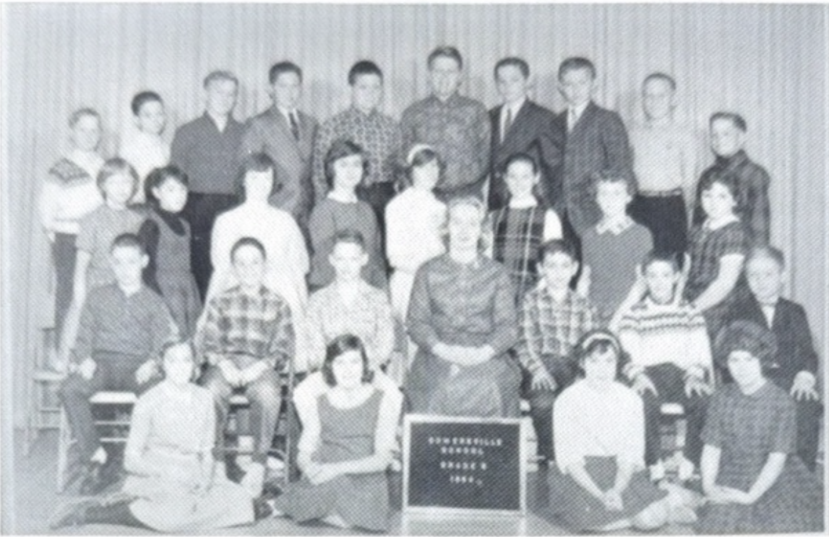 Somersville School - Grade 6 - 1964
Row 1 - Kim Wilbur, Debbie Bauket, Cathy Shepard, Wendy Crandall.  Row 2 - Gordon Humphrey, Danny Irish, Tex Levitz, Miss Barbara Schindler, Tony Jacobson, Rick C., EverettRedneau.  Row 3 - Robin Granielle, Cocetta