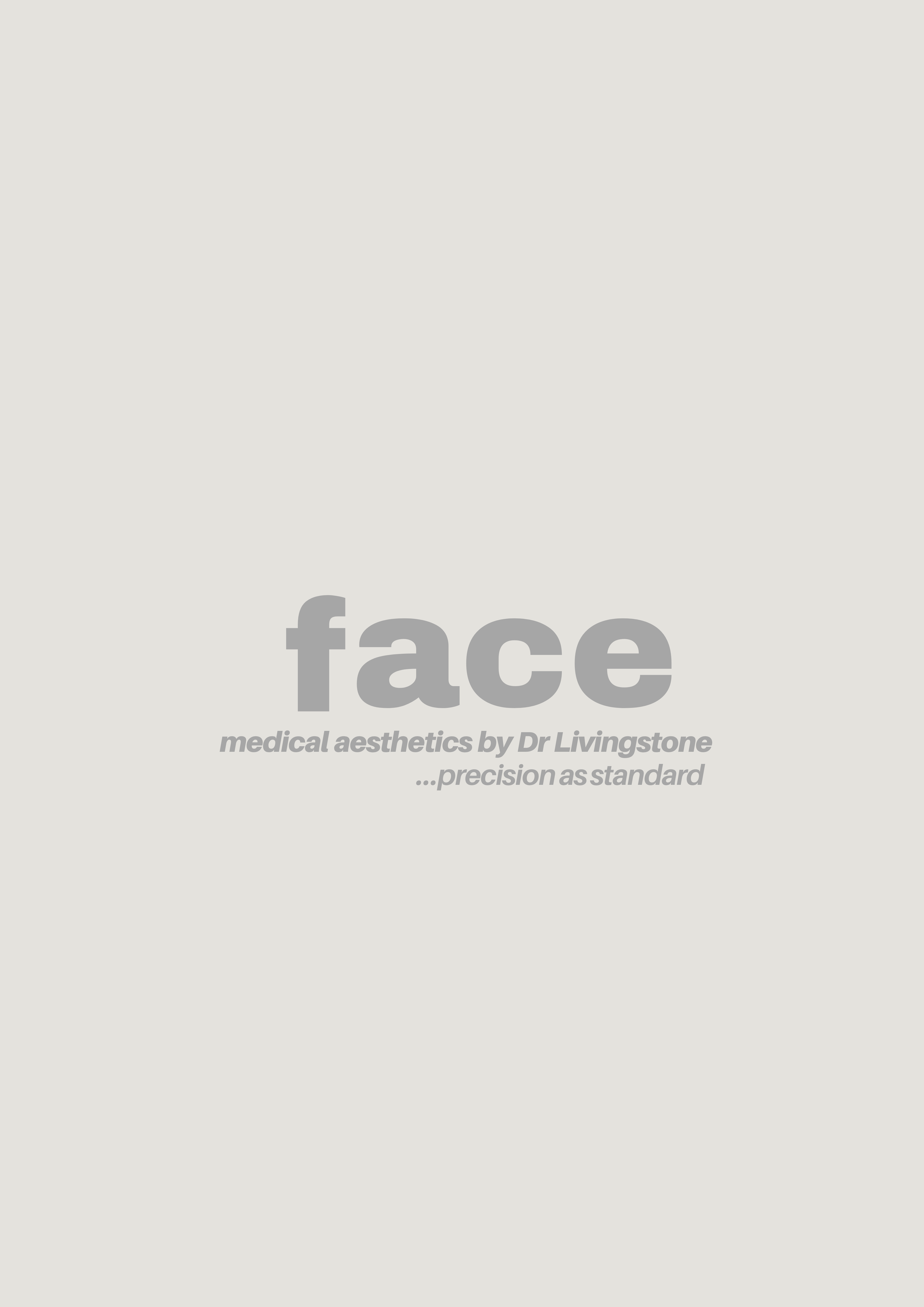 Cover of a publication titled 'face' about medical aesthetics by Dr. Livingstone, emphasizing precision as the standard.