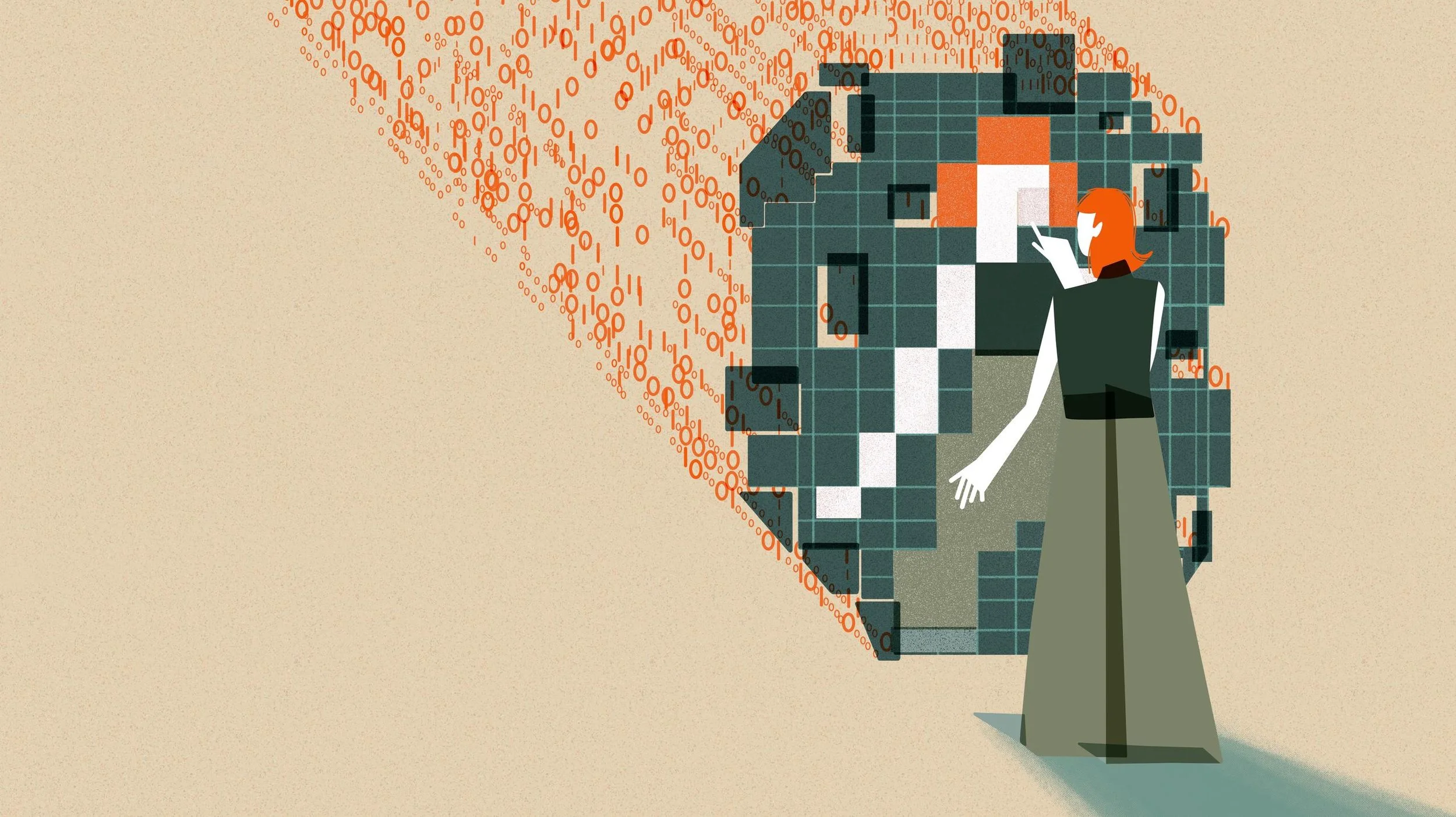 A woman with red hair and a long skirt interacts with a large pixelated digital portrait of a face made of various blocks and binary code, set against a beige background.