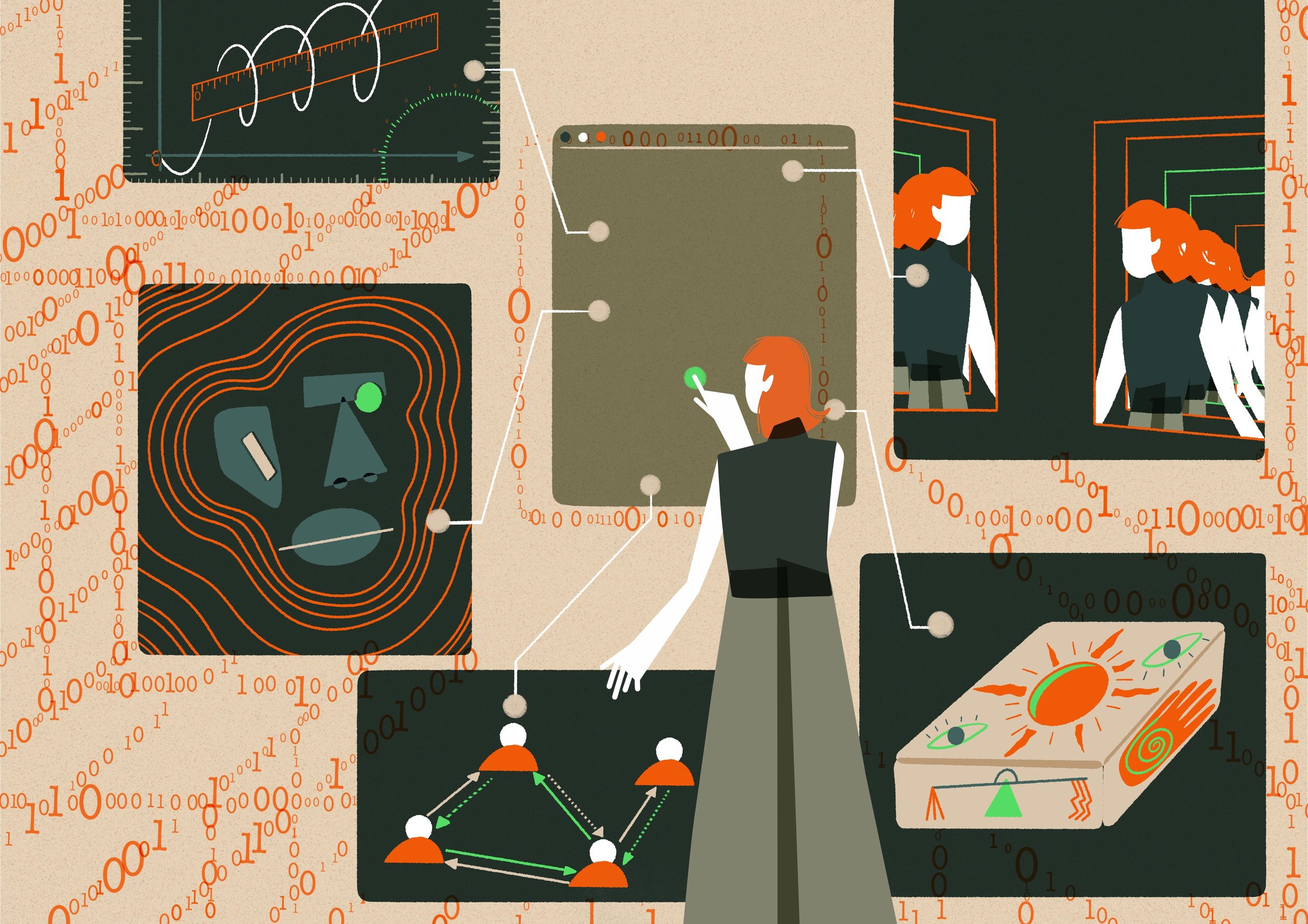 Illustration of a woman in front of multiple digital screens displaying data, graphs, and diagrams related to technology and data analysis, with binary code overlay.