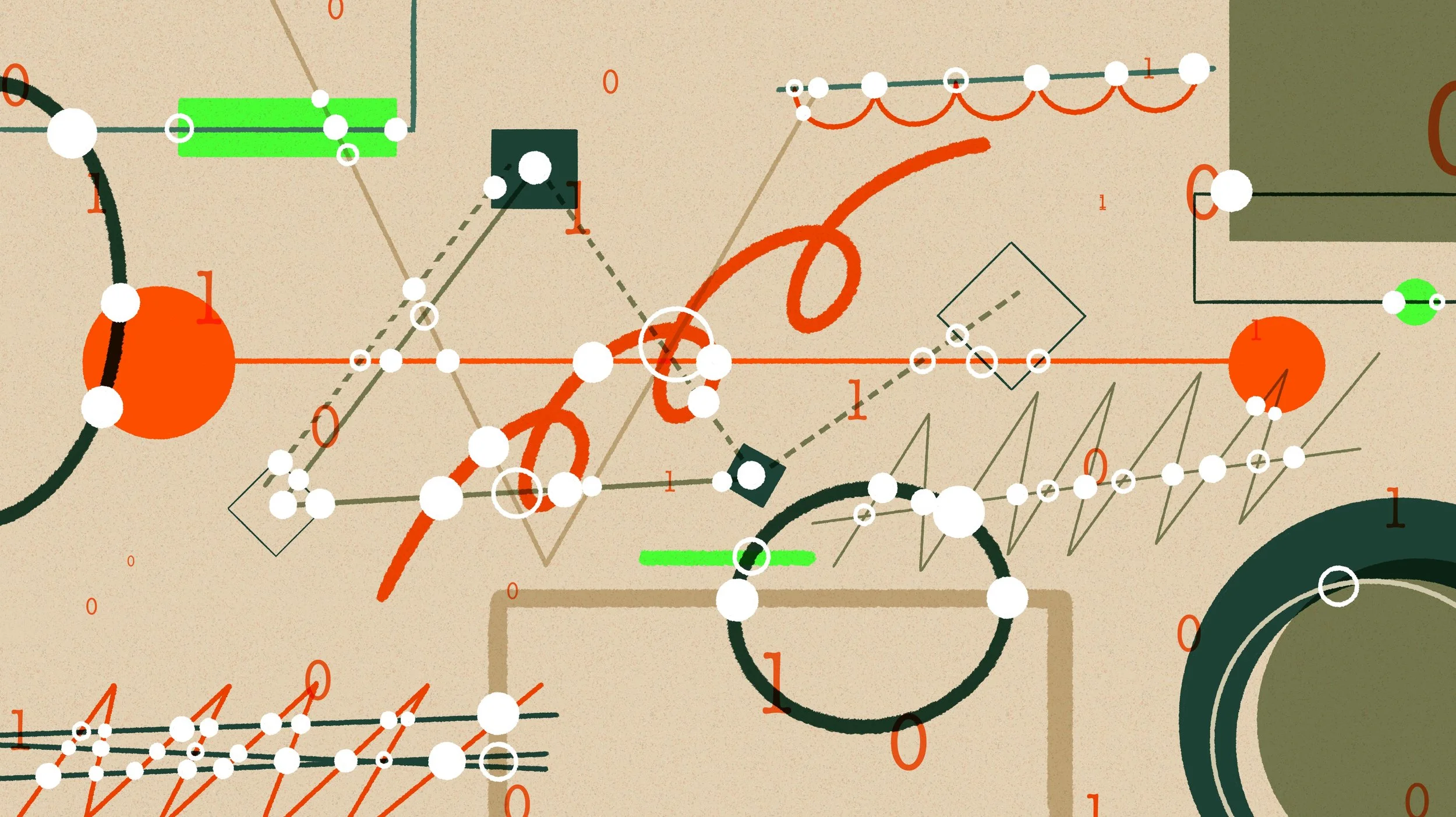 An abstract digital illustration featuring various geometric shapes, lines, and patterns in orange, green, black, and beige colors, with numbers and connecting lines creating a complex, technical design.