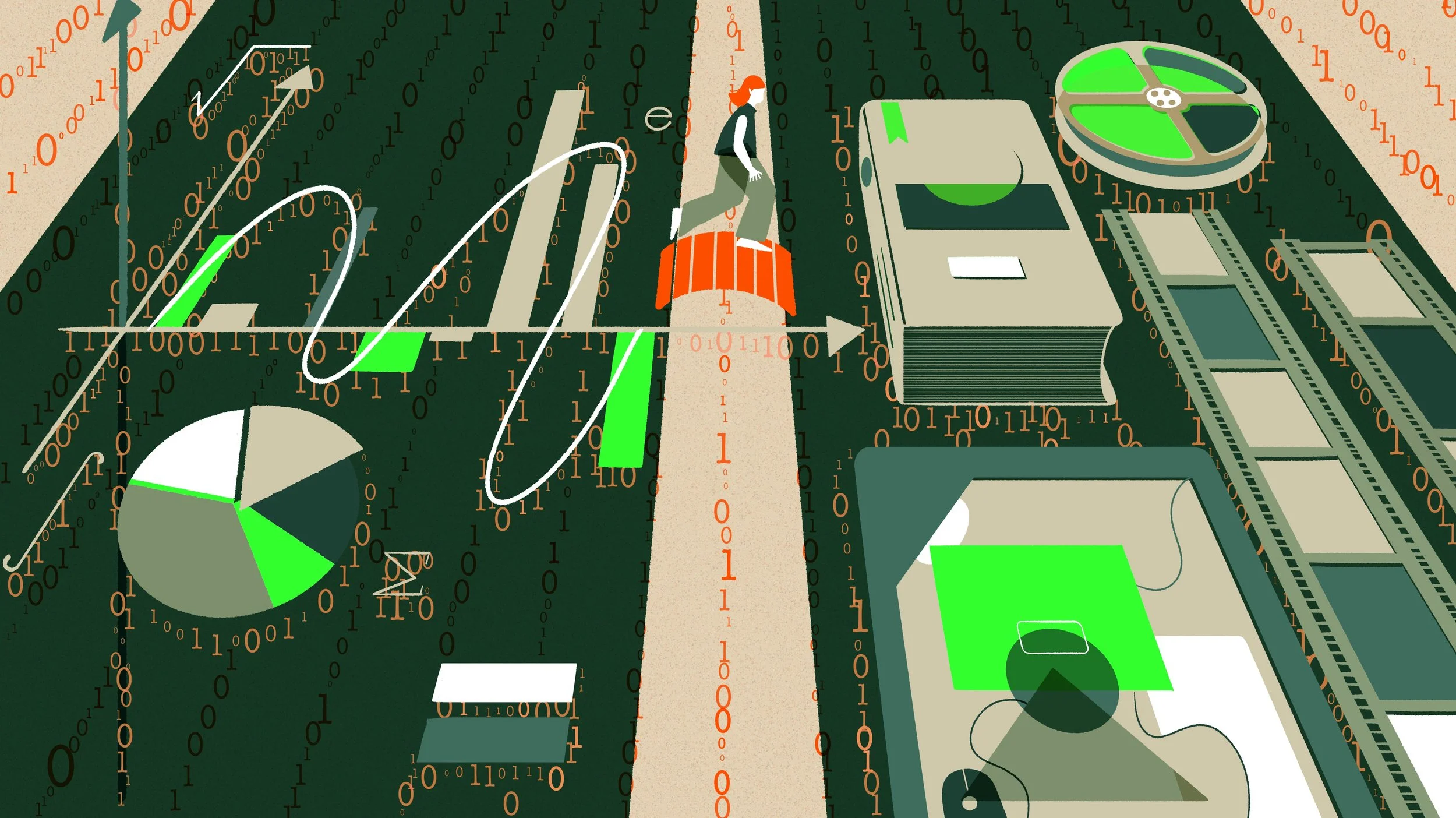 A digital illustration of a businessperson walking on a platform made of binary numbers, with charts, graphs, a pie chart, a calculator, film rolls, and a green notebook, suggesting themes of data analysis and technology.