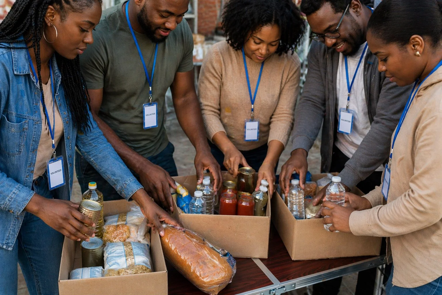 Group of diverse volunteers packing boxes with food and supplies.