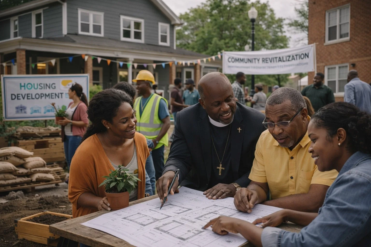 Group of people discussing building plans at a community event focused on housing development and revitalization.