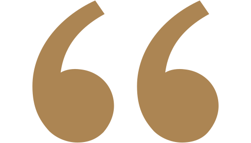 A large, stylized quotation mark symbol in brown color on a black background.