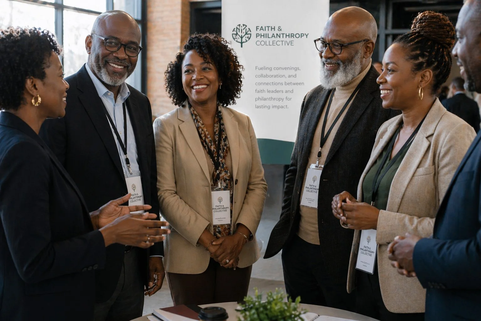 Group of diverse professionals in business attire engaging in conversation at a conference, with a Faith & Philanthropy Collective banner in the background.