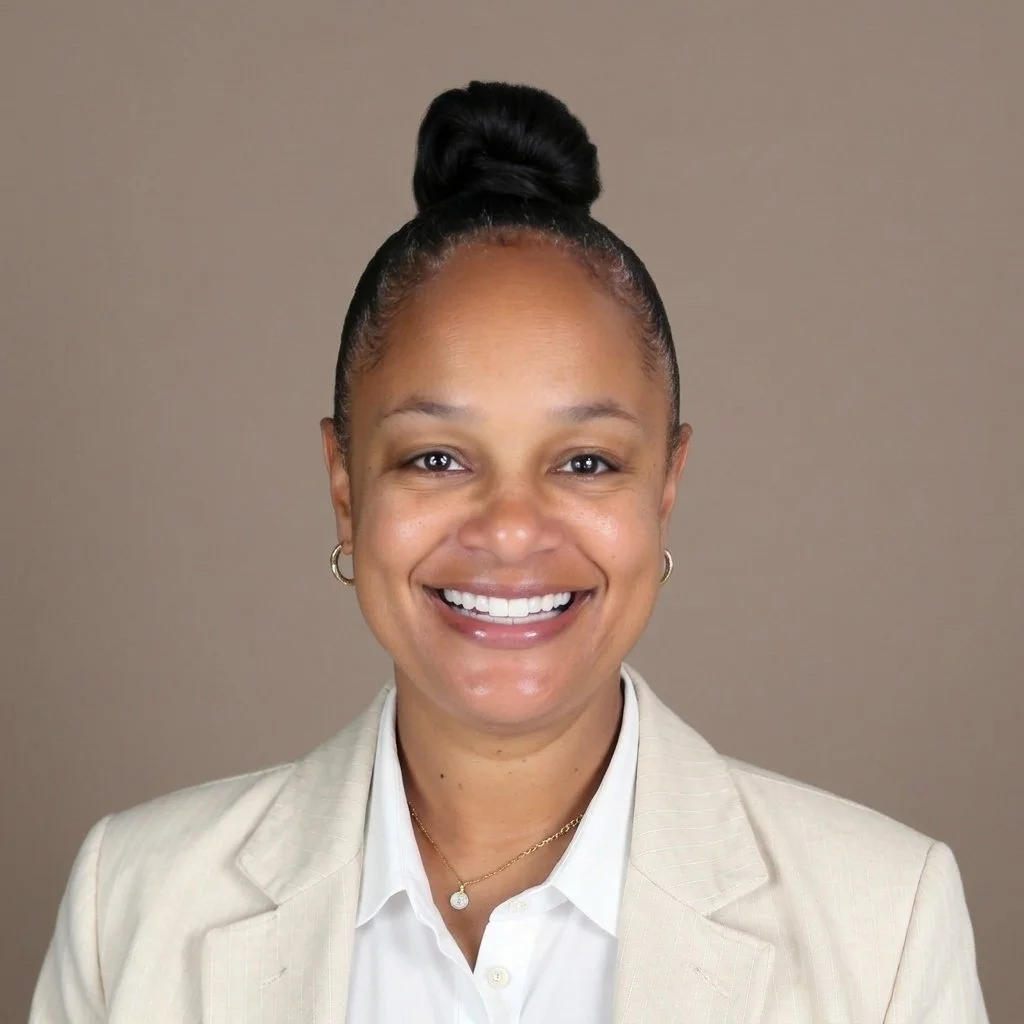 Smiling woman with dark hair in a bun, wearing a white shirt, beige blazer, and gold jewelry, against a plain background.