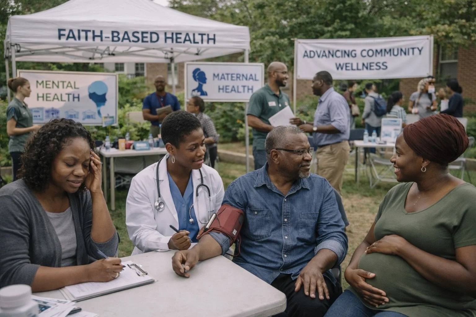 People at a community health fair, including a doctor taking a blood pressure measurement from a pregnant woman, with health banners in the background.