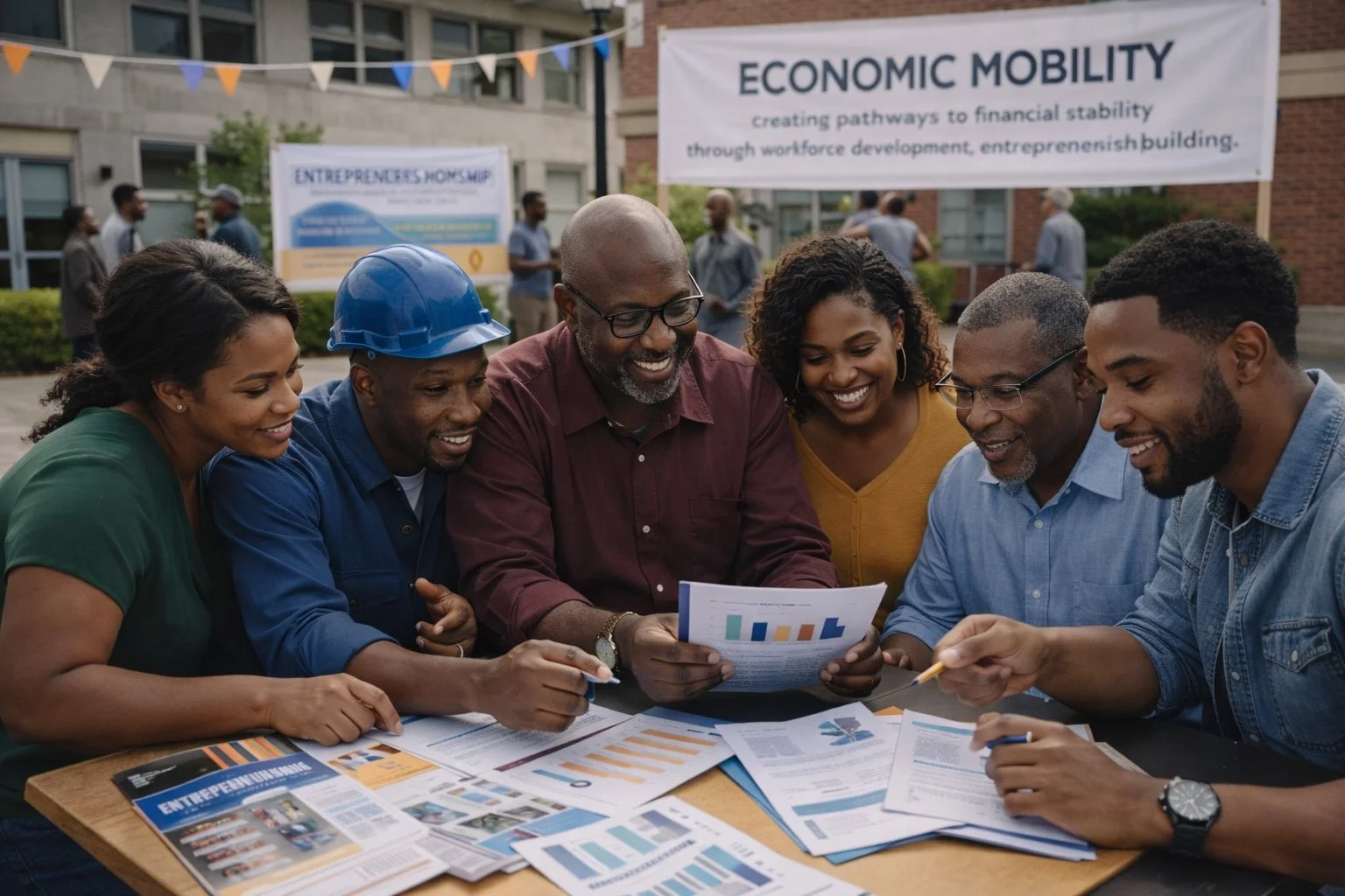 A diverse group of six people gathered around a table outdoors, reviewing documents with charts and graphs. They are smiling and appear engaged. In the background, there are banners with the text "ECONOMIC MOBILITY" and "creating pathways to financial stability."