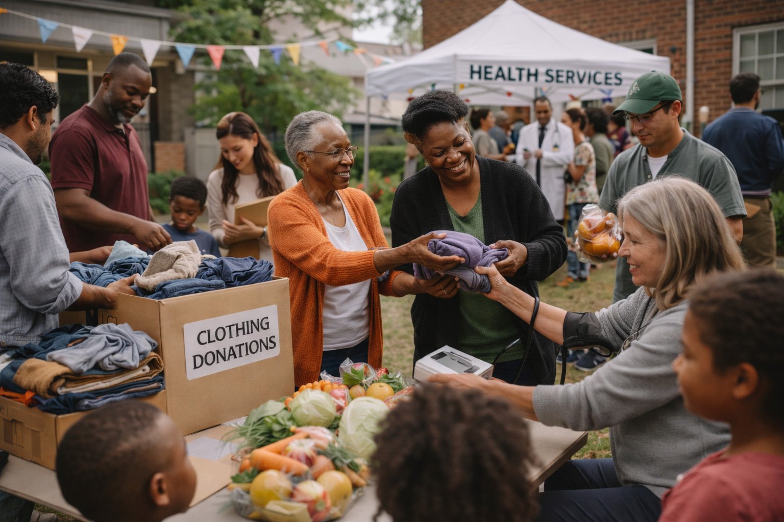 People at a community event exchanging clothing donations, with a table of vegetables and a sign that reads 'Clothing Donations', and a tent in the background with a sign reading 'Health Services'.