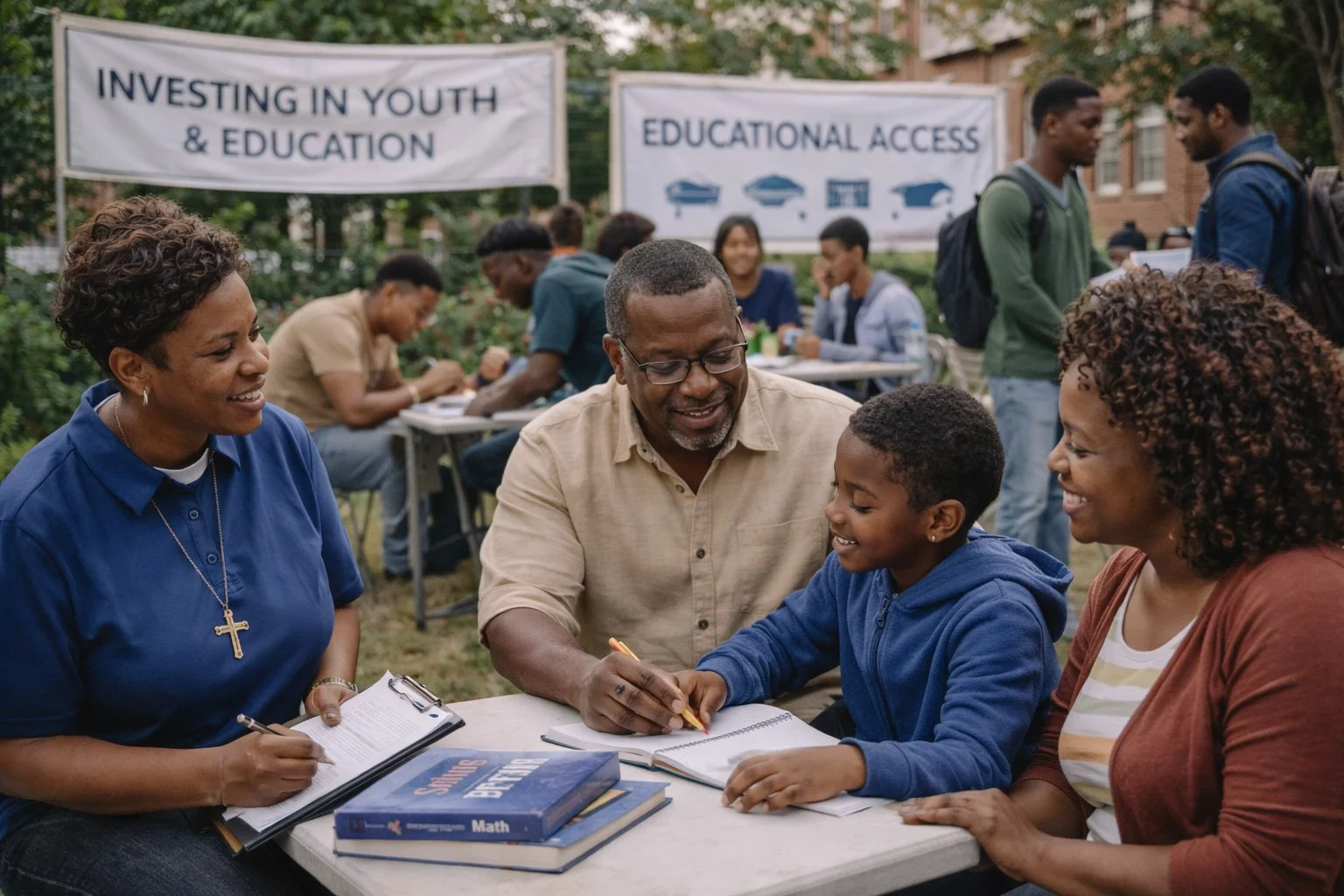 A diverse group of people at an outdoor event, with banners promoting investing in youth, education, and access to educational resources.