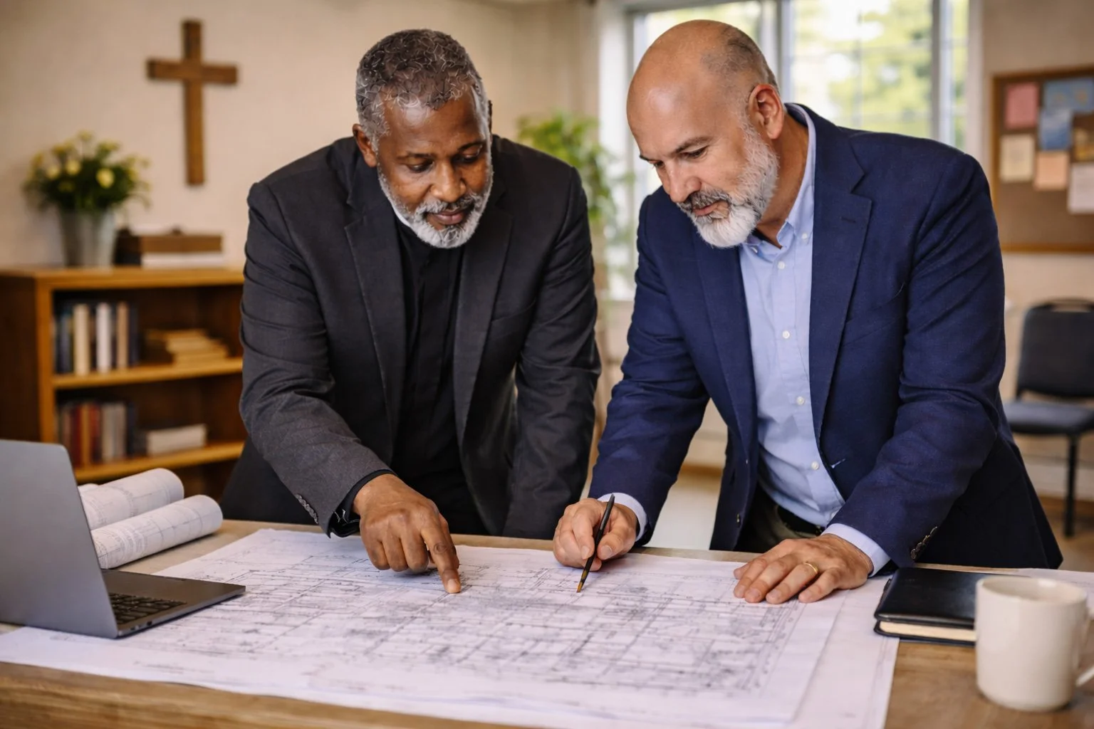 Two men in suits examining blueprints on a table, pointing and discussing.