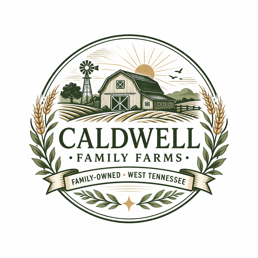 Illustration of a farm with a barn, windmill, trees, and a sunrise, surrounded by wheat and leaves; text reads 'Caldwell Family Farms, Family-Owned, West Tennessee.'