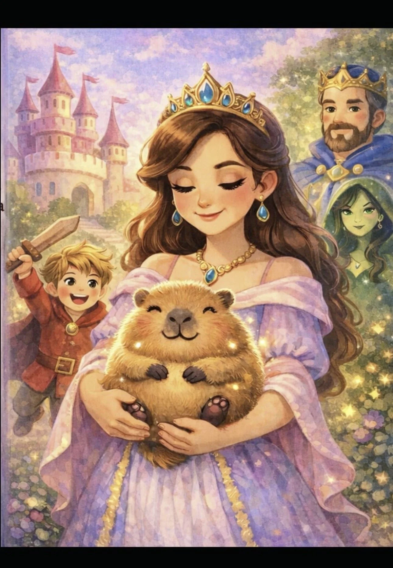 Illustration of a princess in a purple dress and crown holding a happy, smiling beaver, with a castle in the background and four other characters including a young boy with a sword, a man with a beard and crown, a sorceress, and a character with a green face.