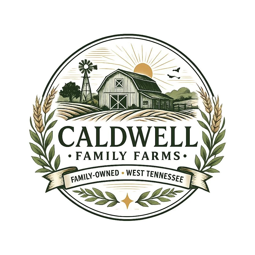 Logo of Caldwell Family Farms featuring a barn, windmill, sunrise, and farm landscape with wheat, and text indicating it is a family-owned farm in West Tennessee.