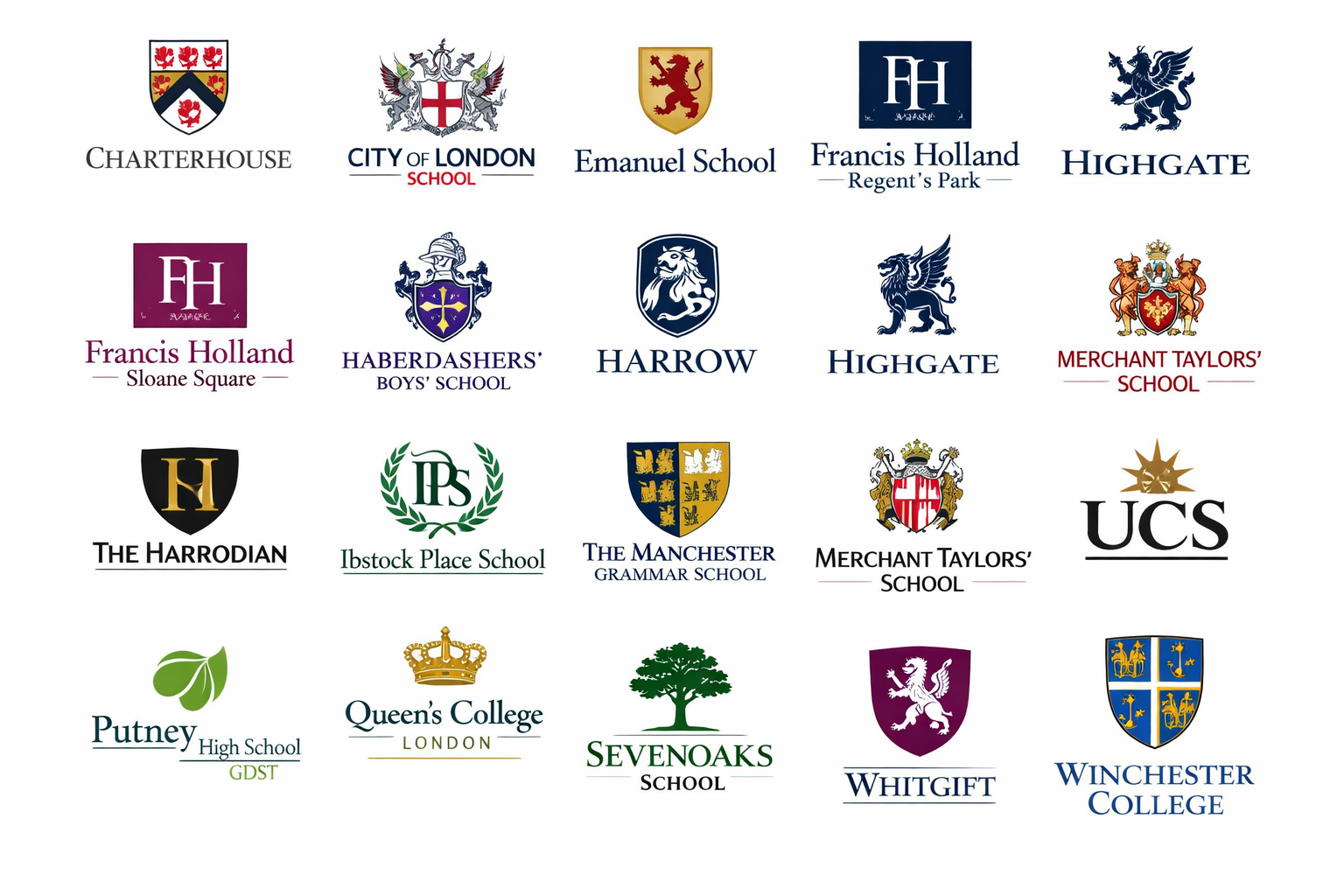 Collection of logos for various schools and institutions, including Charterhouse, City of London School, Emanuel School, Francis Holland Regent’s Park, Highgate, Sloane Square, Haberdashers’ Boys’ School, Harrow, Merchant Taylors’ School, The Harrodian, Ibstock Place School, The Manchester Grammar School, UCS, Putney High School, Queen’s College London, Sevenoaks School, Whitgift, and Winchester College.