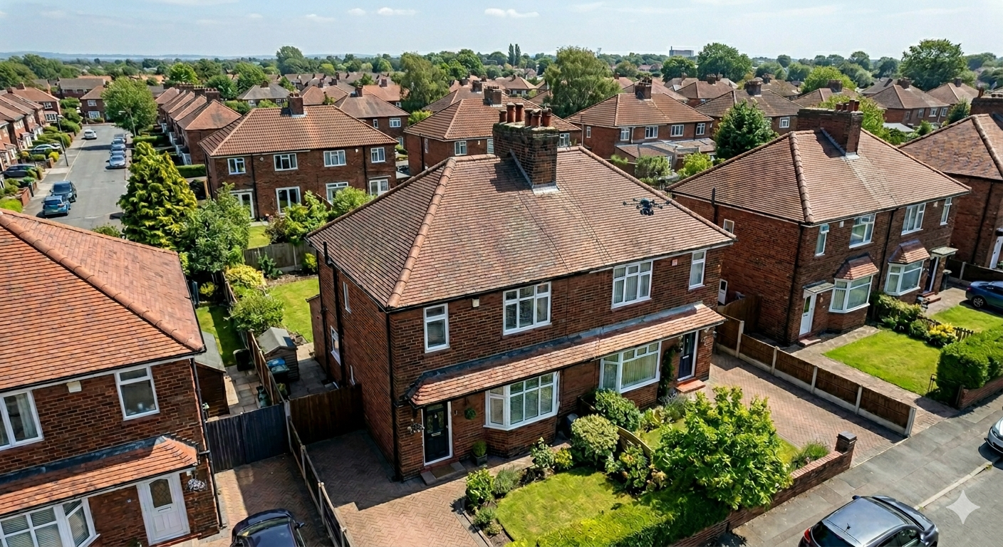 Aerial view of a suburban neighborhood with brick houses, green lawns, and trees on a sunny day.