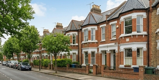 Row of brick residential houses with trees and parked cars along the street.