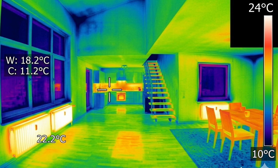 Infrared thermal image of a living room with a kitchen in the background, showing temperature variations on walls, windows, radiators, and furniture, with a temperature scale from 10°C to 24°C.