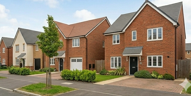 Row of modern suburban houses with brick exteriors, manicured lawns, and driveways.