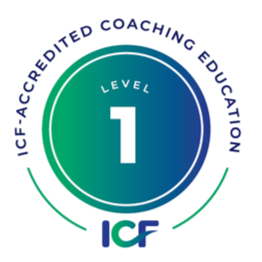 Circular logo with blue and green gradient and the text 'ICF' at the bottom. The number '1' is in the center, with the words 'ICF-Accredited Coaching Education' curved around the top of the circle.