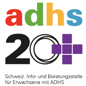 Advertisement for ADHS support in Switzerland with colorful 'adhs 20+' text and German description.