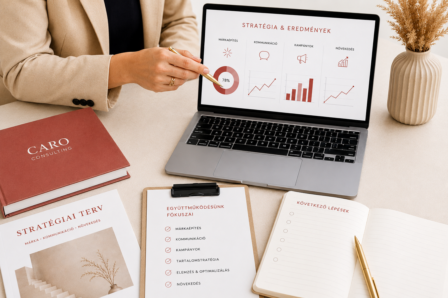 Stratégiai marketing támogatás és kommunikációs rendszer bemutatása a CaroConsulting weboldalán.