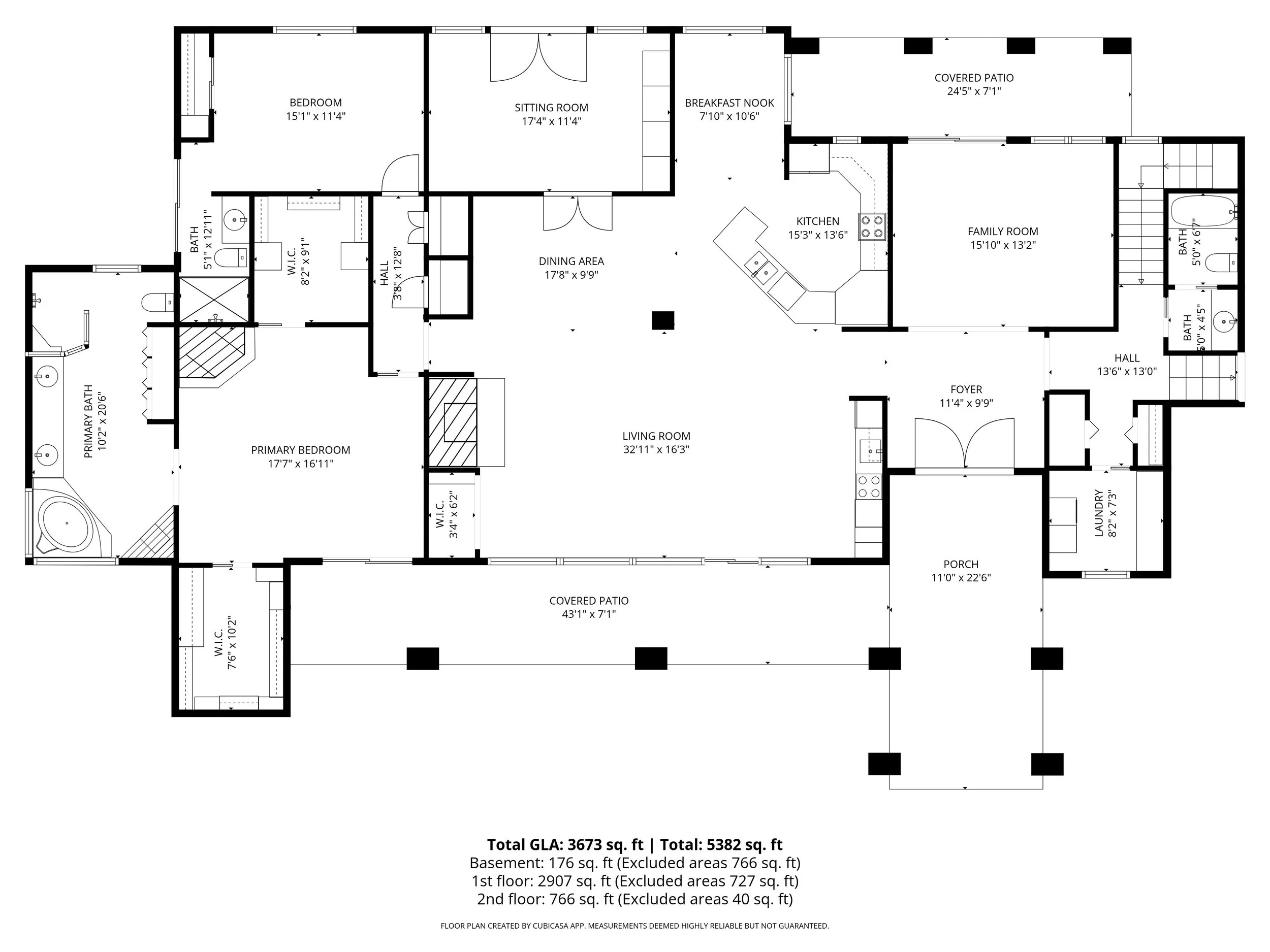 Floor plan of a house showing various rooms including primary bedroom, bathrooms, living room, kitchen, family room, dining area, sitting room, breakfast nook, covered patios, laundry room, porch, and hallways with dimensions noted.