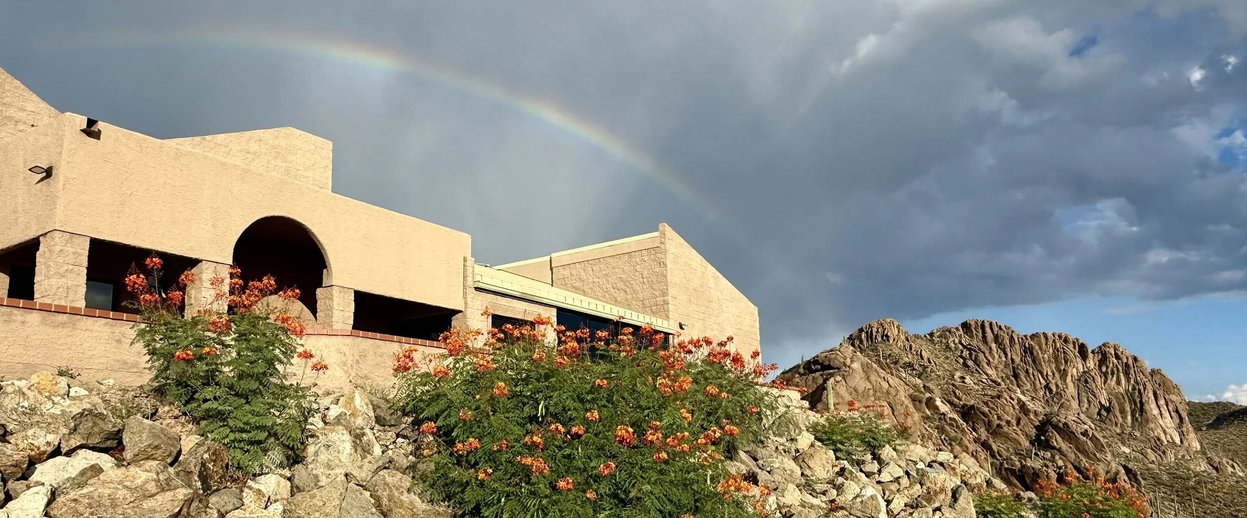 A modern beige building with arched windows and a glass railing, set on a rocky landscape with orange flowers, under a cloudy sky with a rainbow.