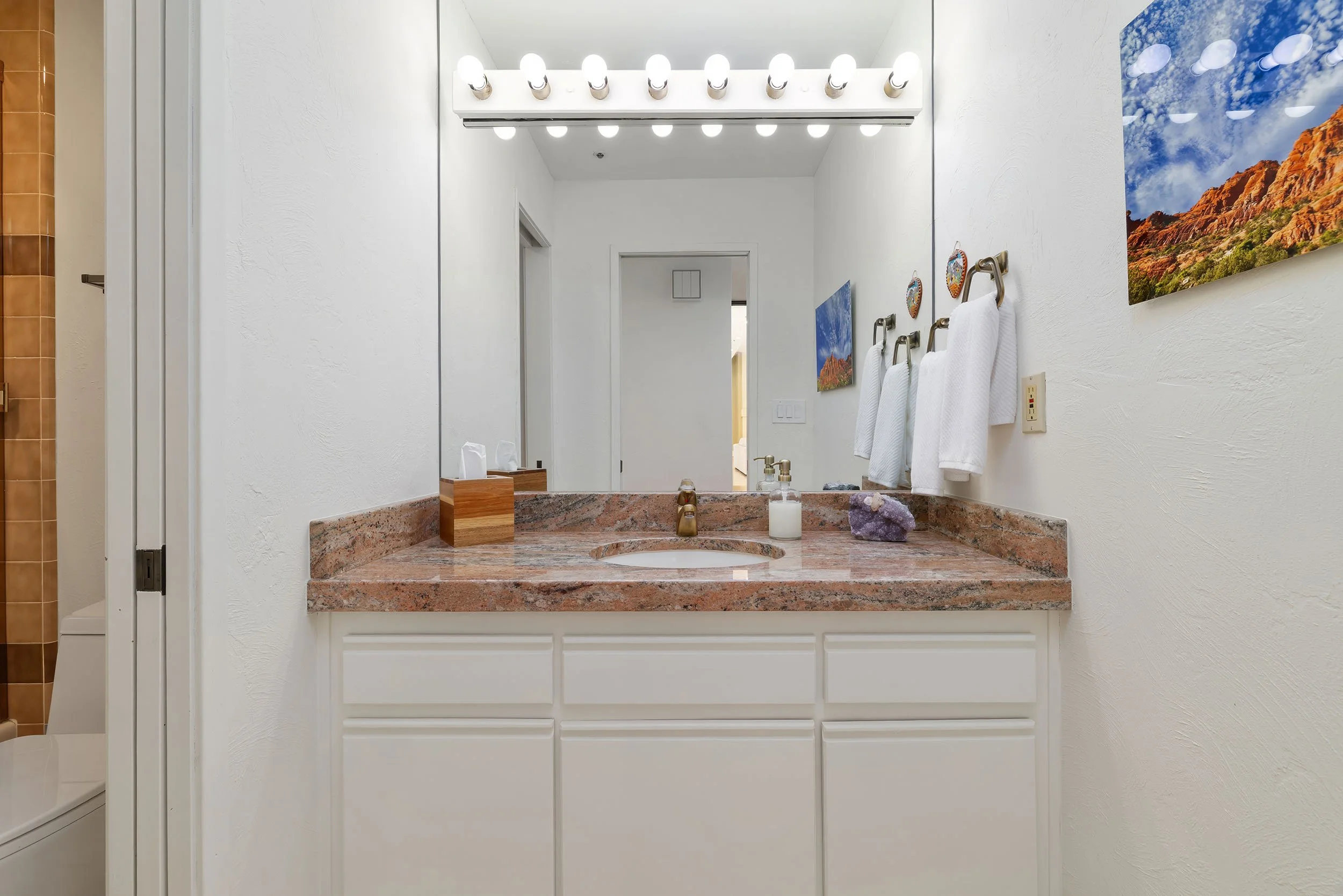 Bathroom mirror above sink with soap dispenser, purple crystals, and a wooden tissue box on the countertop. White towels hang on hooks on the wall, with landscape paintings above. Bright bathroom lighting.