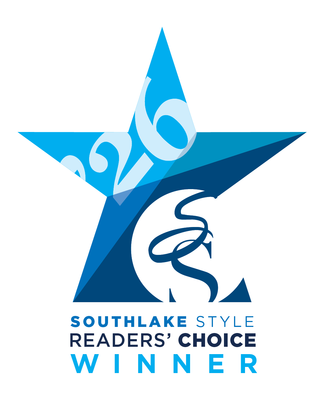 A blue star-shaped logo with the number 20 in stylized white and blue font inside a white circle. Text below reads "Southlake Style Reader's Choice Winner" in blue and black font.