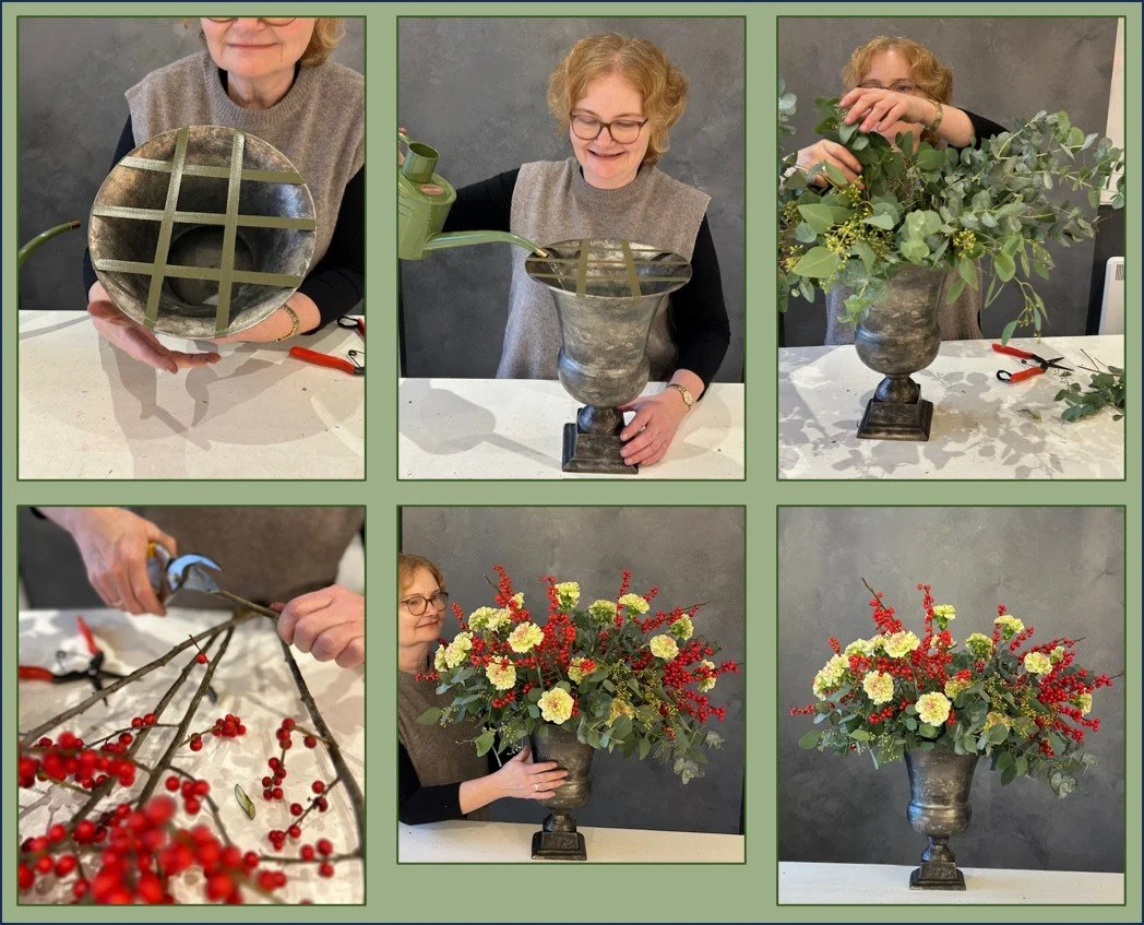 Pictures of a florist arranging flowers in an urn