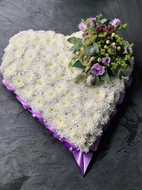 Heart sympathy tribute with white Chrysanthemums