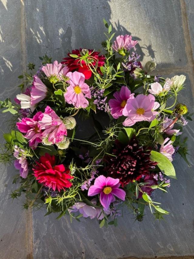Wreath with Cosmos and Dahlias