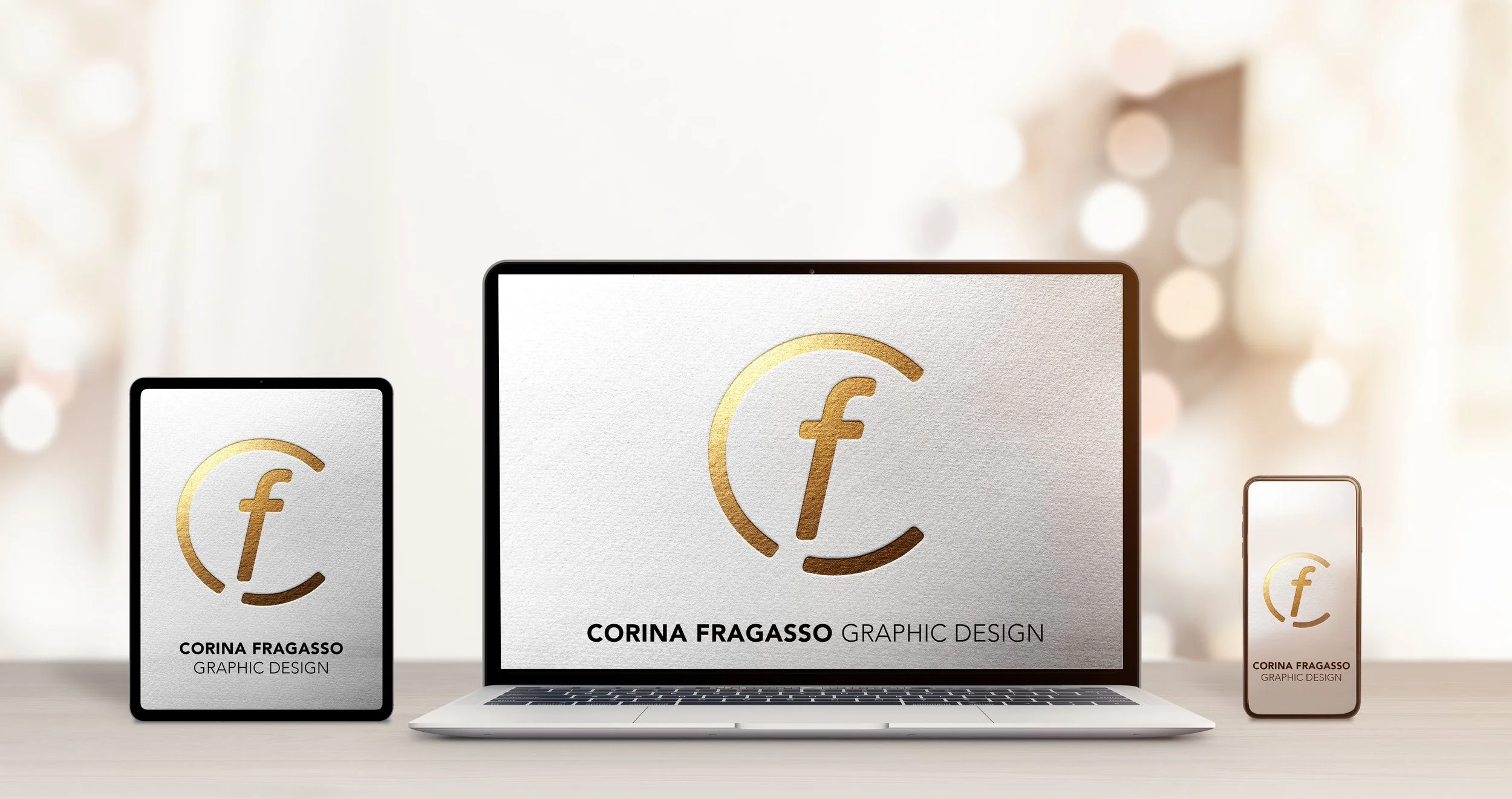 Digitales Display zeigt ein Logo mit einem goldenen Buchstaben 'f' umkreist. Geräte wie Tablet, Laptop und Smartphone auf einem Tisch, Hintergrund mit unscharfen Lichtern.