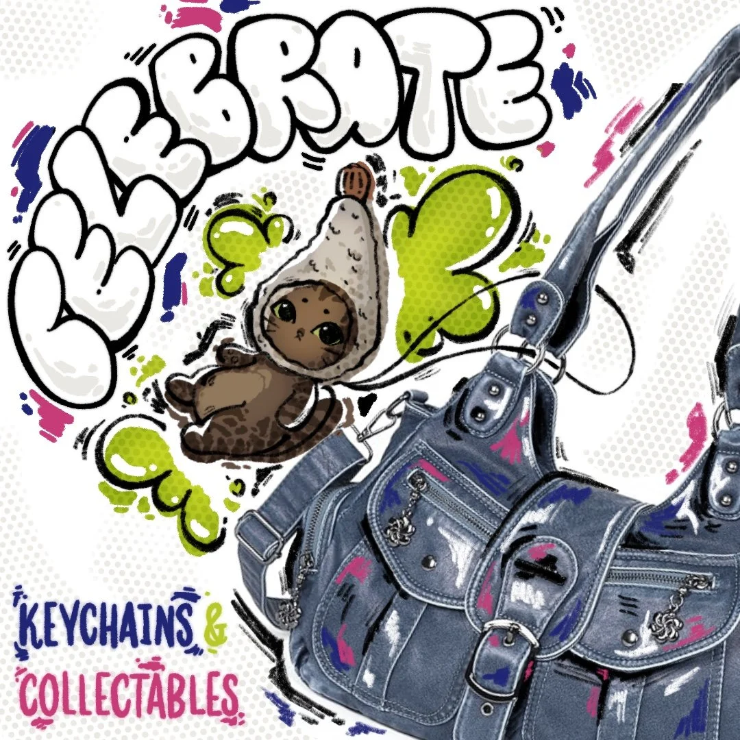 Colorful graphic illustration featuring a keychain with a cartoon girl dressed in a bear costume, neon green hearts, and the text 'BEARATE'. A shiny blue handbag with chains and zippers is also part of the design, along with the words 'KEYCHAINS & CO