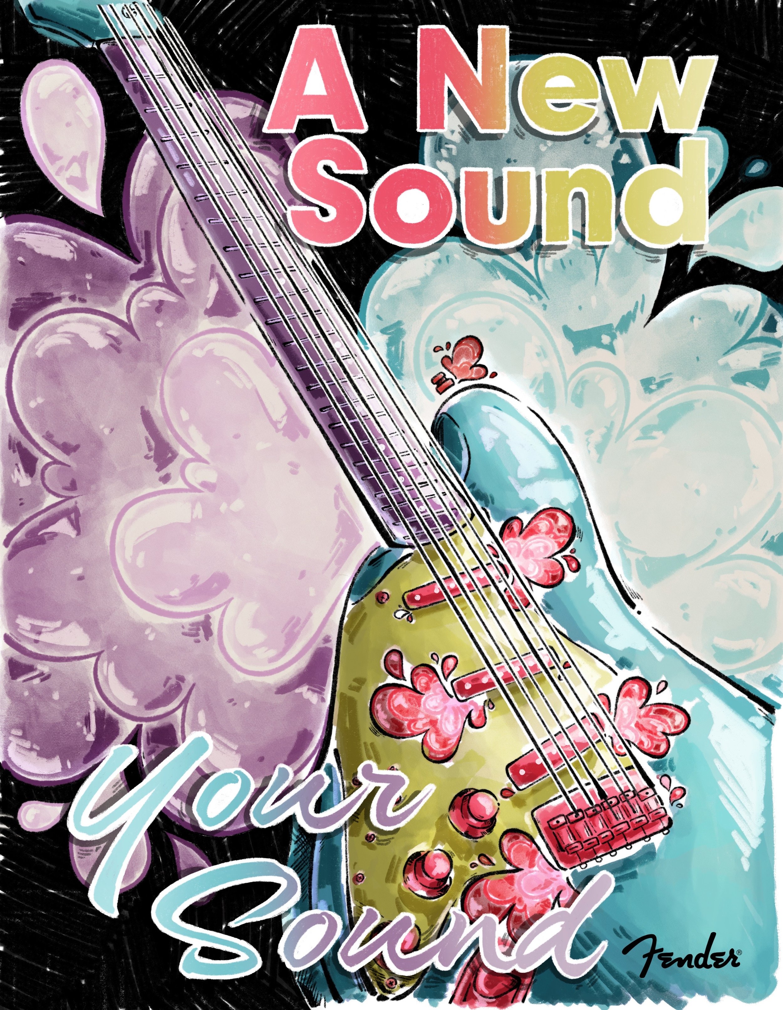 Colorful illustration of an electric guitar with pink, blue, and yellow designs, surrounded by clouds and the text 'A New Sound Your Sound' with the Fender logo.