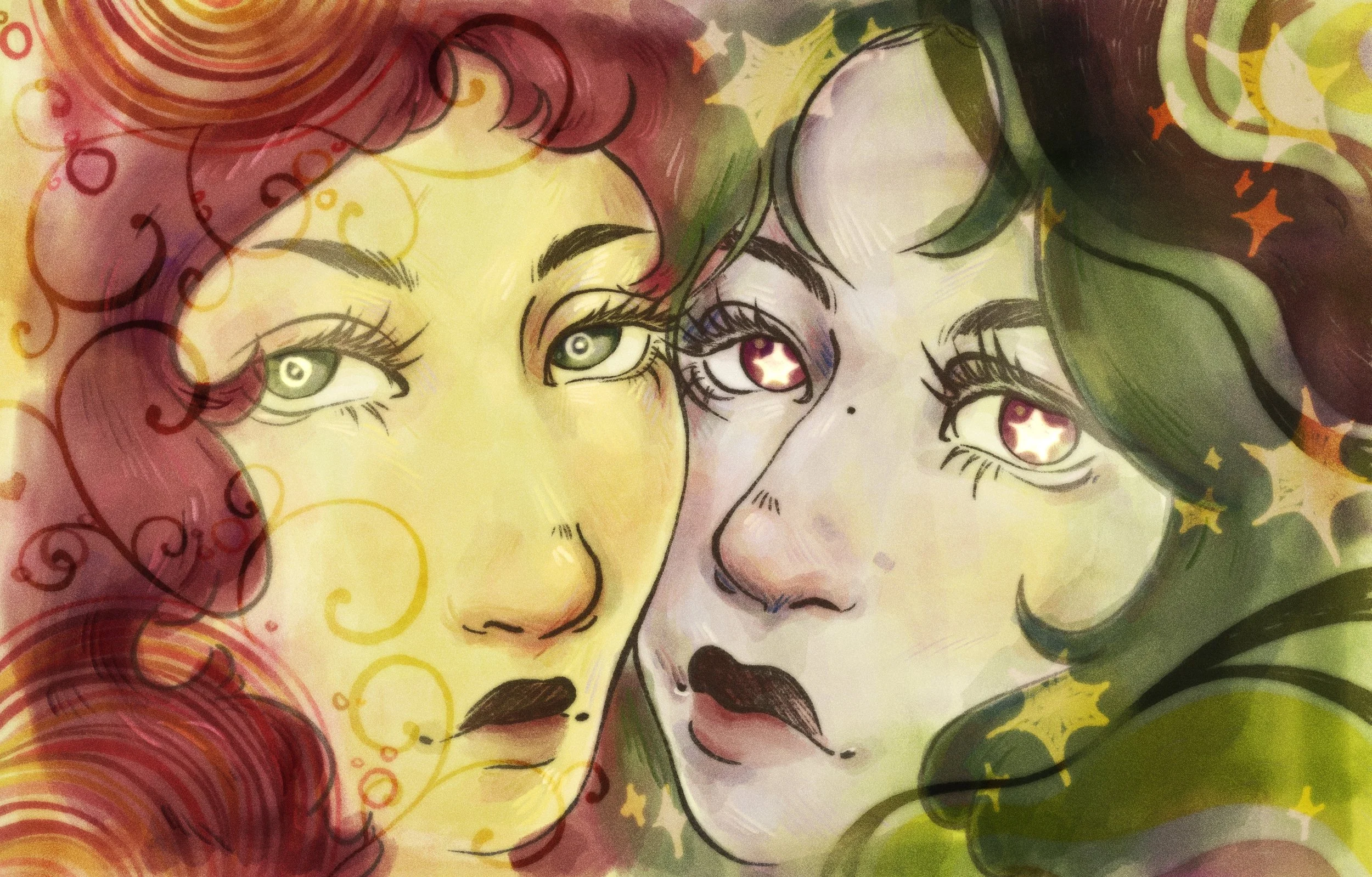 A colorful illustration of two women with striking eyes and lips, facing each other closely, with swirling patterns and stars around their faces.