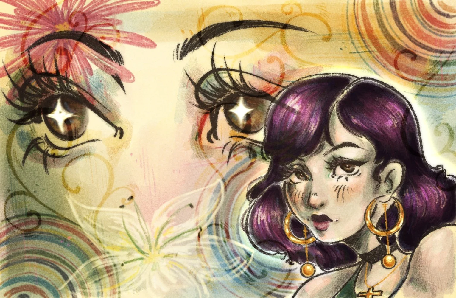 A colorful, artistic illustration of a girl with purple hair and large gold hoop earrings, next to stylized eyes with long lashes and glossy highlights, surrounded by swirling pastel-colored patterns and floral elements.