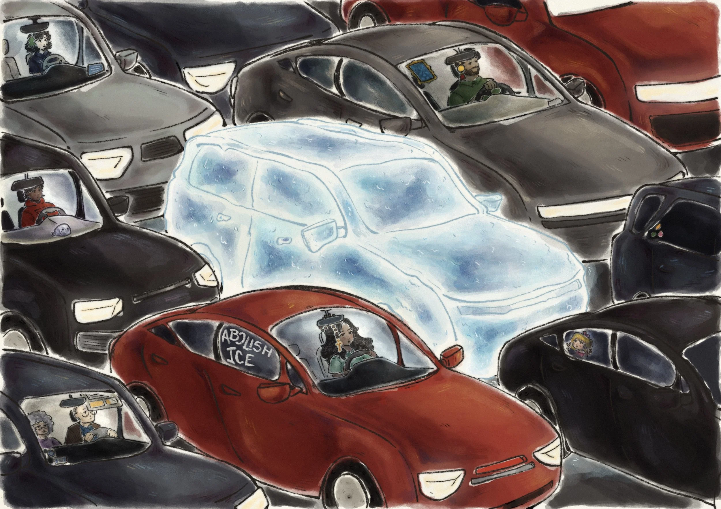 Collection of mostly black and gray cars parked closely with a prominent red car in the foreground displaying the words "ABOLISH ICE" on its window. Illustration features diverse drivers inside cars, some of which have characters with exaggerated fea