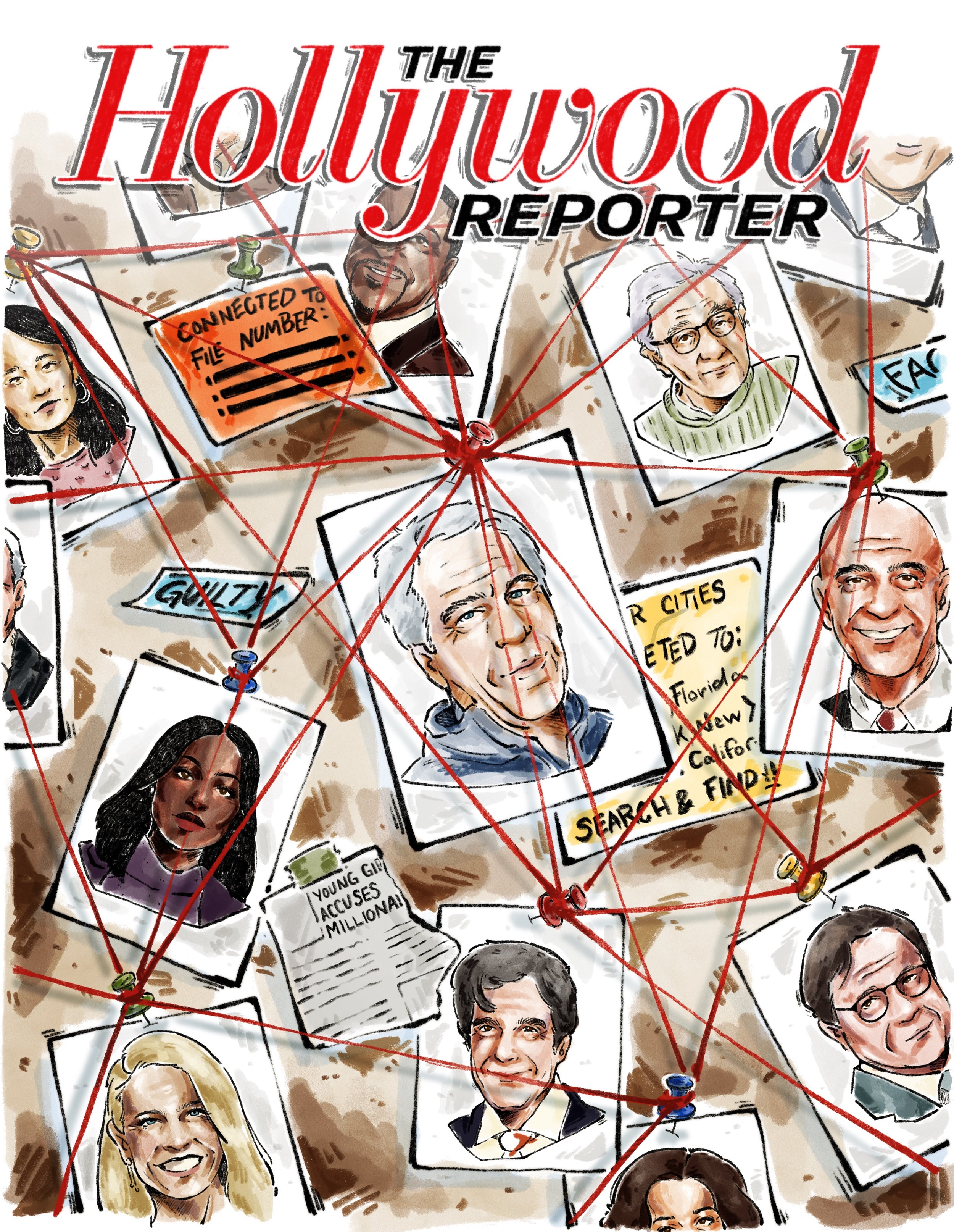Illustration of a conspiracy board with photos of various people connected by red strings, a newspaper with the headline 'YOUNG GIRL ACCUSES MILLIONAIRE,' and notes such as 'CONNECTED TO FILE NUMBER' and 'SEARCH & FIND,' representing a police or inve